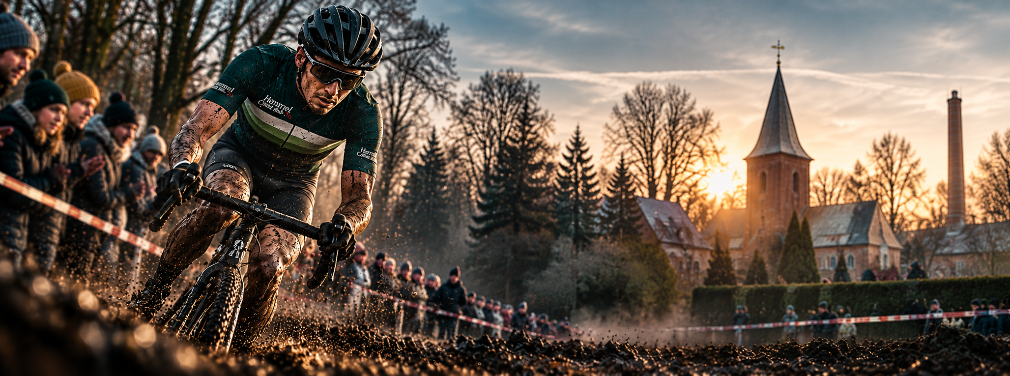 Cyklecrossrytter i mudder med tilskuere og Hammels kirke og skorsten i baggrunden. Hammel Nytårscross 3. januar 2027.